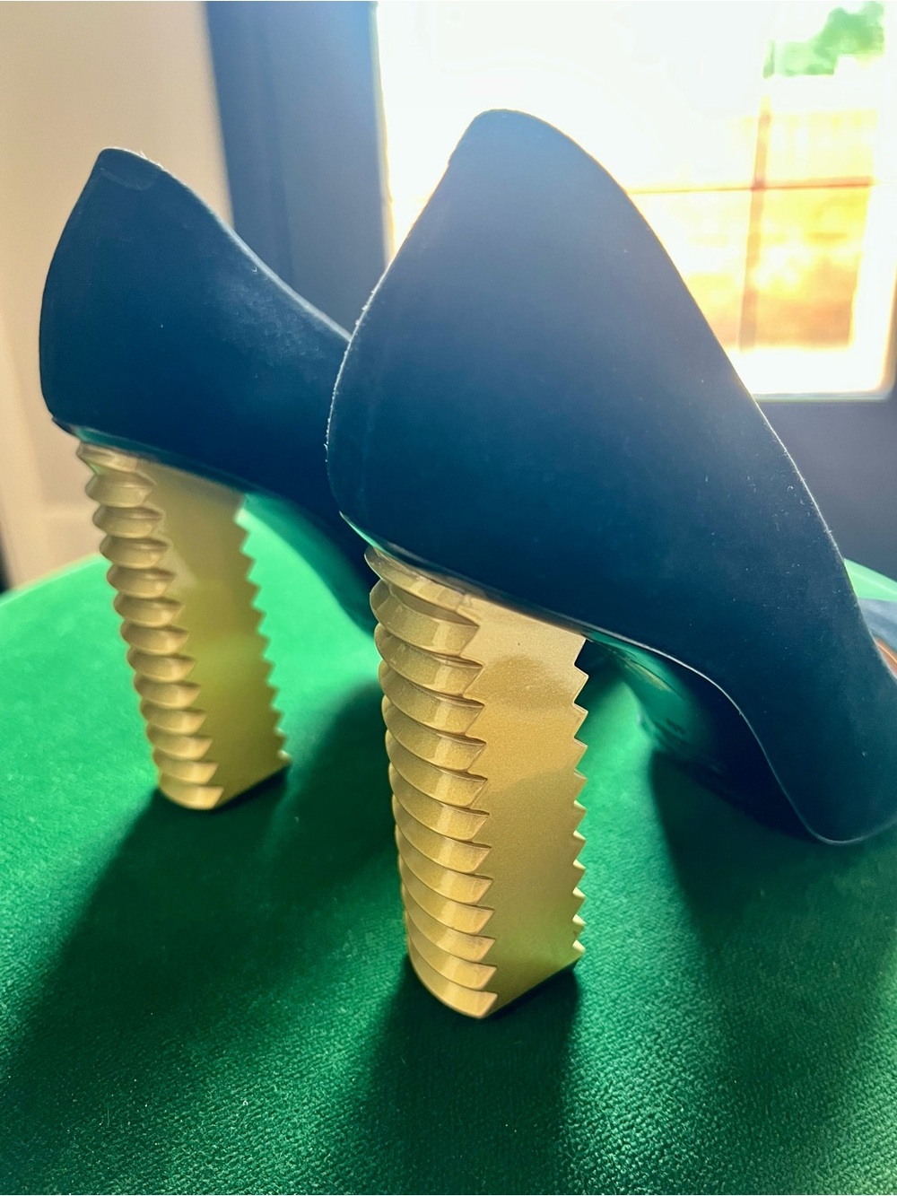 Aperlai Paris Black Suede Heels with Sculptural Gold Heel